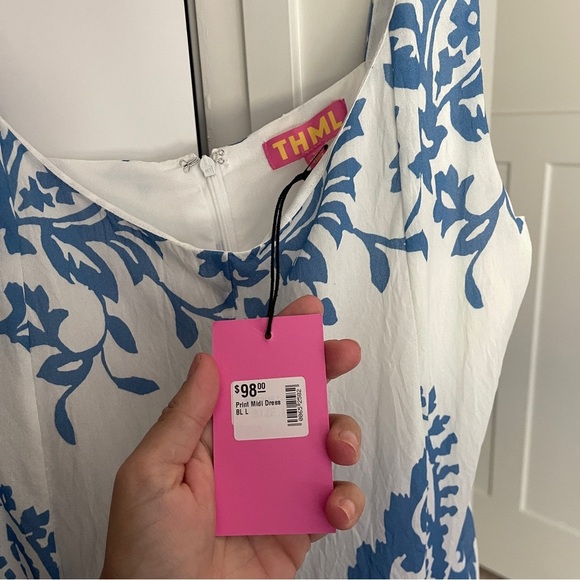 NWT THML White Blue Midi Print Dress mediterranean - Picture 3 of 6